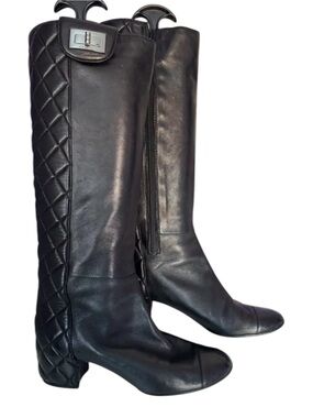 Chanel Black Quilted Tall Leather Knee Boot riding Women's